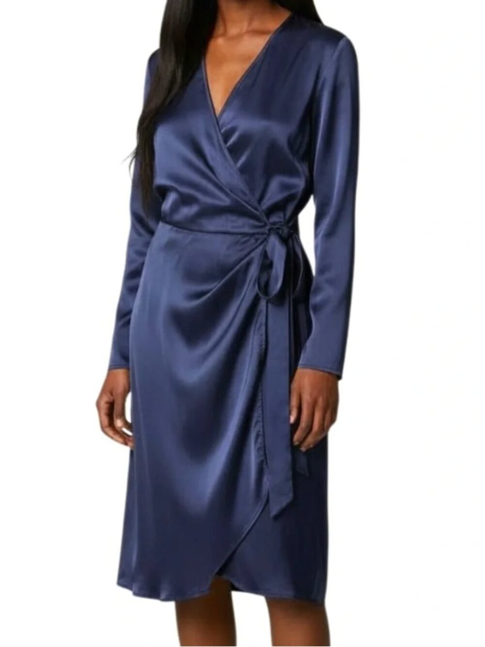 Reformation 100% Silk Navy Ruched Midi Dress Sz 8 | Wrap Slit